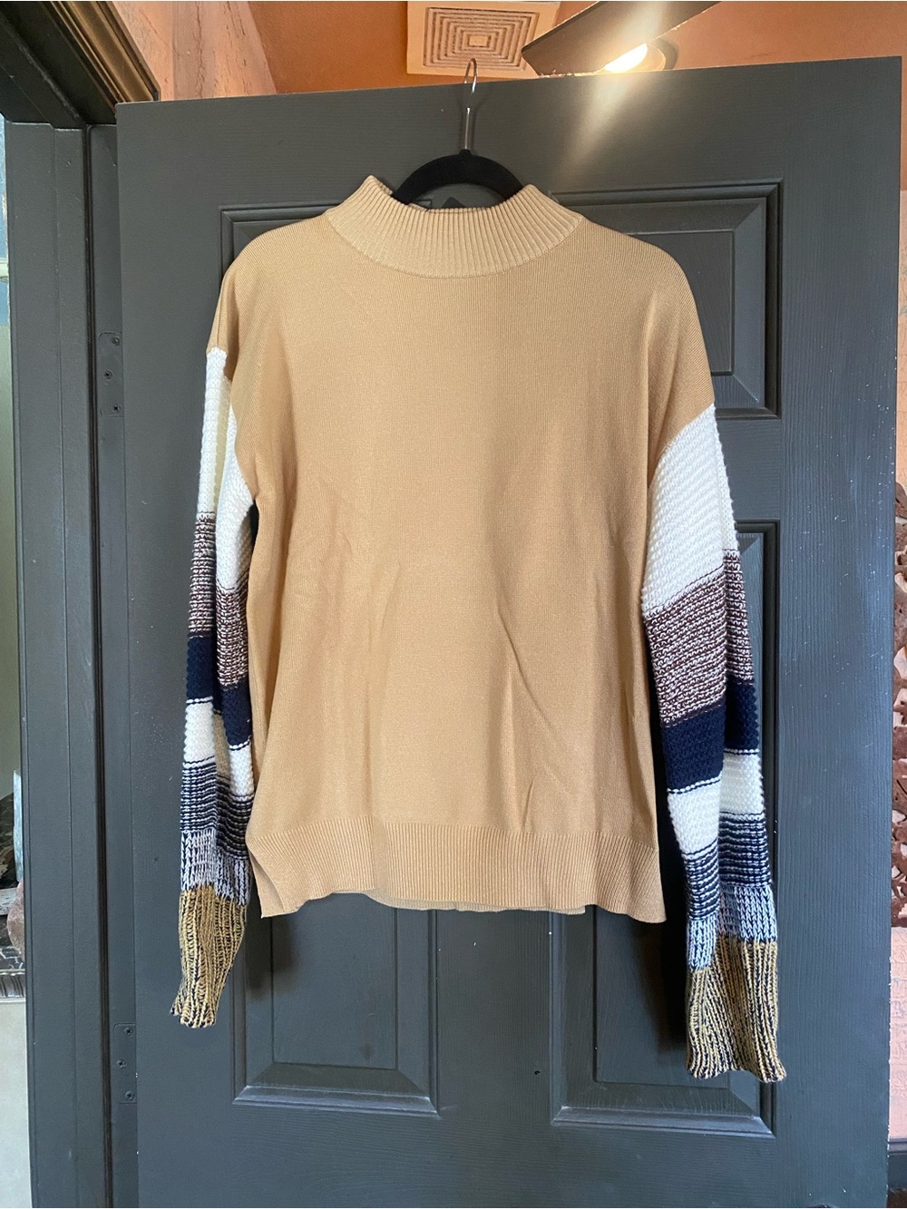 Women's Tan Mock Neck Sweater with Striped Accent Sleeves